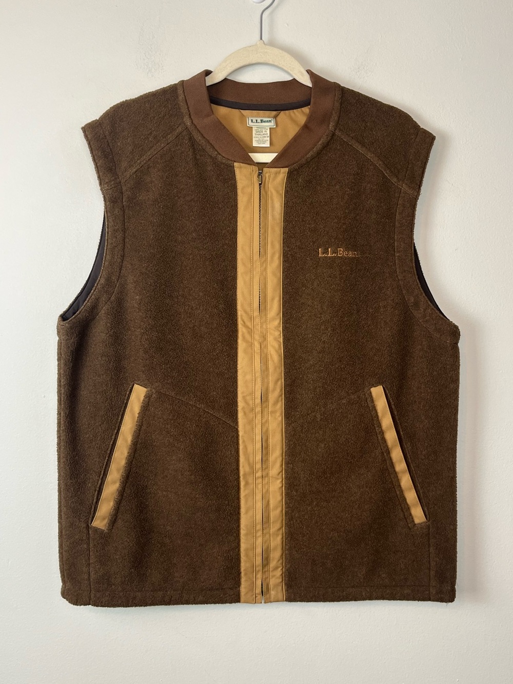L.L. Bean Brown Fleece Full Zip Sleeveless Sweater Vest Contrast Trim MEDIUM Y2K
